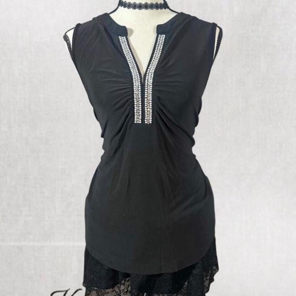 Chic Glam Office Sleeveless Black Top with Rhinestone Neckline